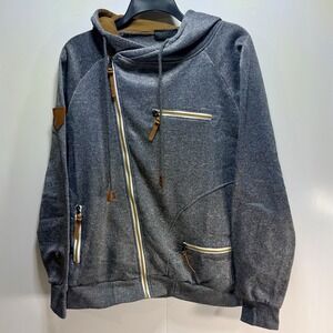 Siimhwrss Asymmetrical Zip Sweatshirt Jacket With Hood Men's Size 2XL Gray Tan